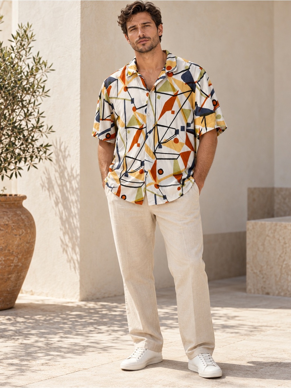 ZARA Men’s XL Relaxed Fit Abstract Geometric Short Sleeve Button Down Shirt